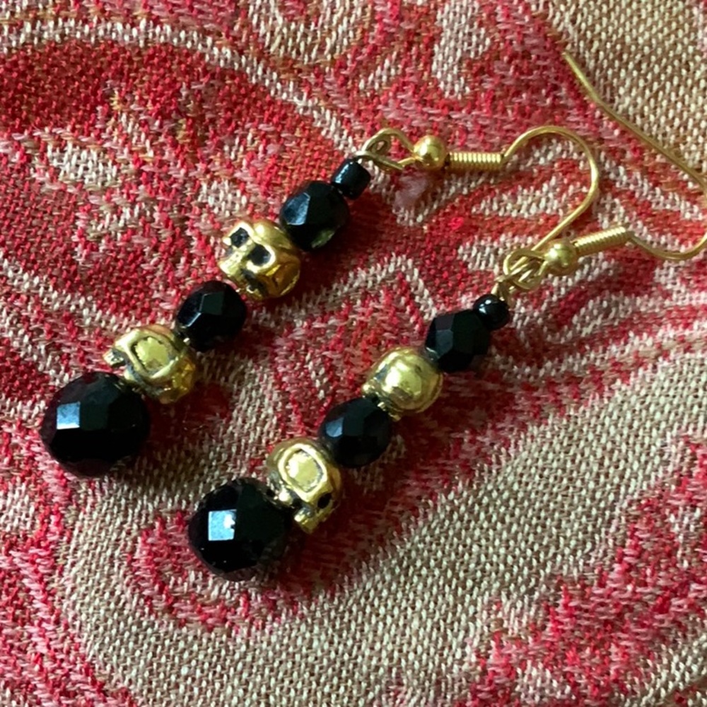 Gold Plate Skull Vntg Black Czech Crystal Earrings